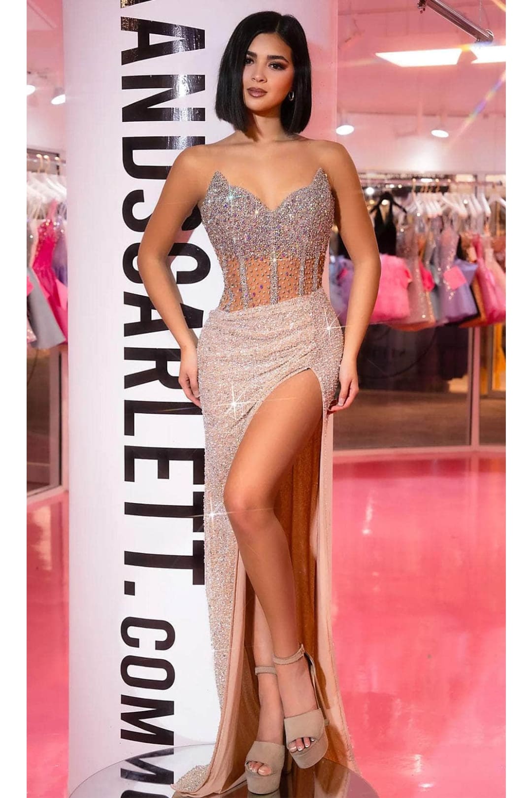 Portia and Scarlett PS25426C -long- Jeweled Evening Gown with Slit for a Dramatic Effect - Light Blue / 00 - Dress