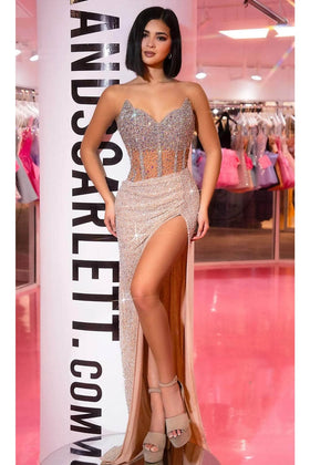 Portia and Scarlett PS25426C -long- Jeweled Evening Gown with Slit for a Dramatic Effect
