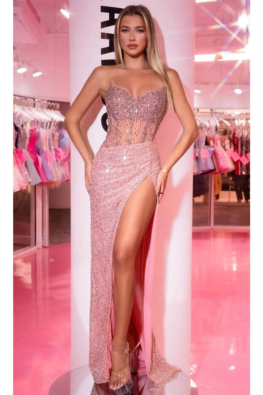 Portia and Scarlett PS25426C -long- Jeweled Evening Gown with Slit for a Dramatic Effect - Light Blue / 2 - Dress