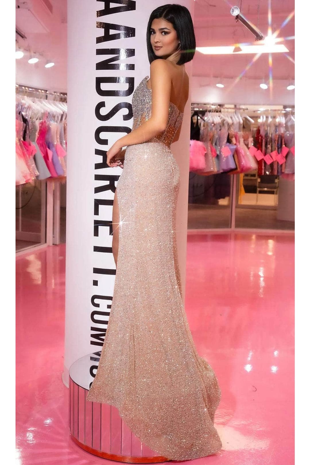 Portia and Scarlett PS25426C -long- Jeweled Evening Gown with Slit for a Dramatic Effect - Light Blue / 6 - Dress