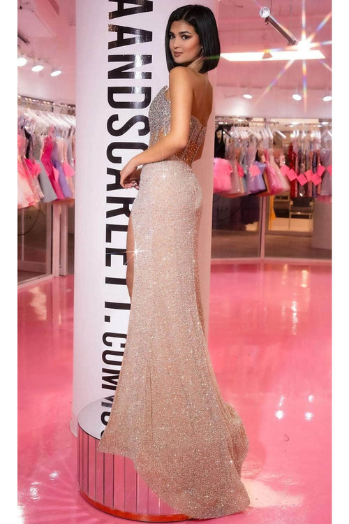 Portia and Scarlett PS25426C -long- Jeweled Evening Gown with Slit for a Dramatic Effect - Light Blue / 6 - Dress