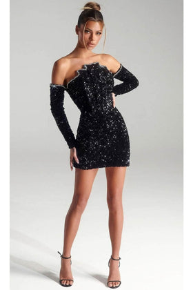 Portia and Scarlett PS324B - short-Off-Shoulder Cocktail Dress with Sequins