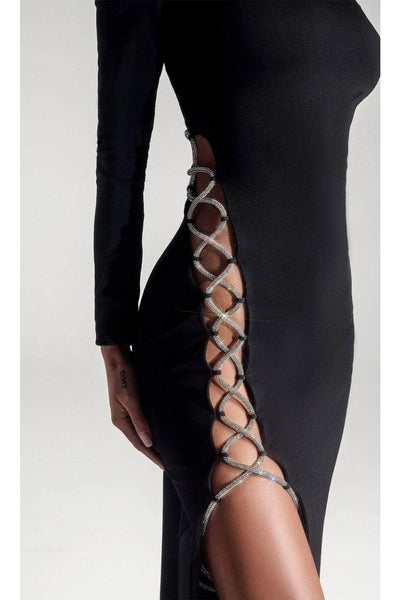 Portia and Scarlett PS326B -long- High Neck Sheath Dress for Evening Wear - Black / 4 - Dress