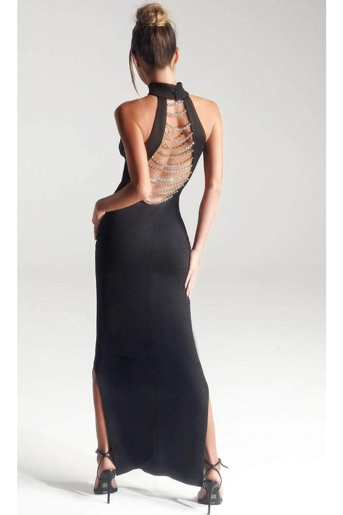 Portia and Scarlett PS327B - long -Evening Dress with High Neck and Crystal Chains - Black / 2 - Dress