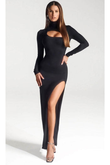 Portia and Scarlett PS328B -long-High Neck Evening Dress with Slit - Black / 00 - Dress