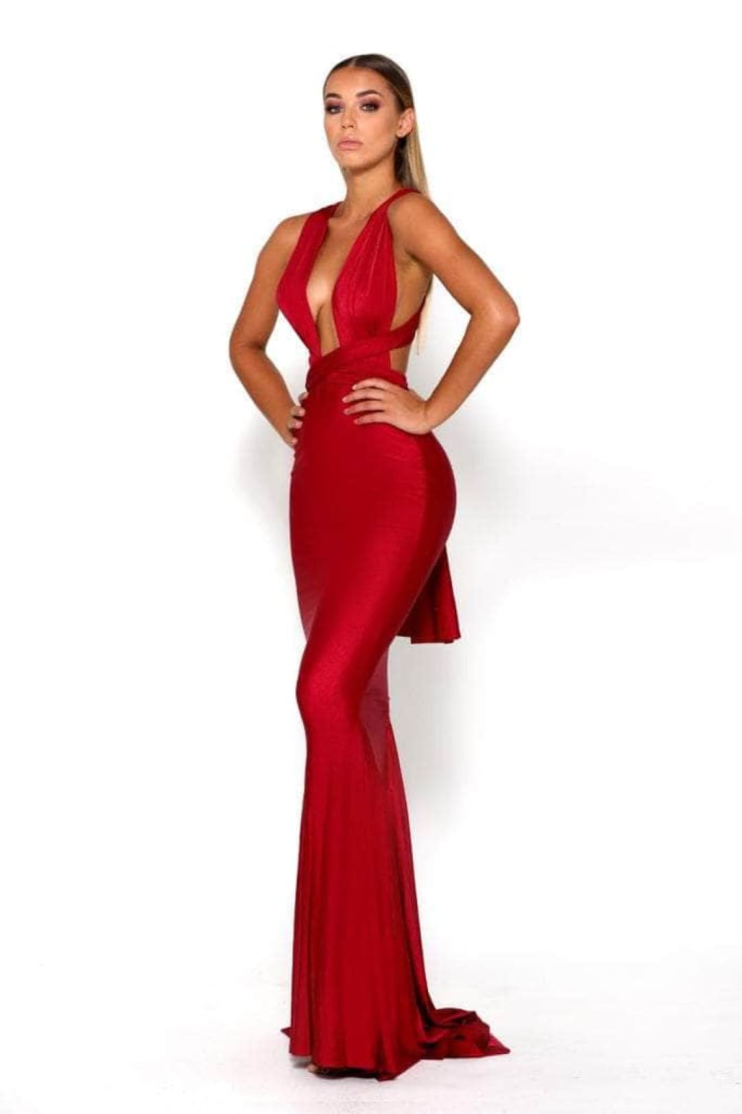 Portia and Scarlett PS6110 -long- Formal Dress with Plunging Neck and Sheath Silhouette - Plum / 8 - Dress