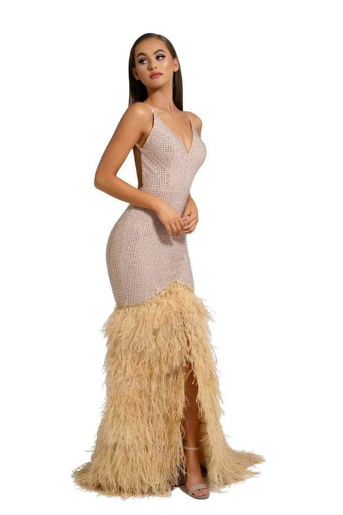 Portia and Scarlett PS6826 -long- V-Neck Feathered Dress - Ivory / 00 - Dress