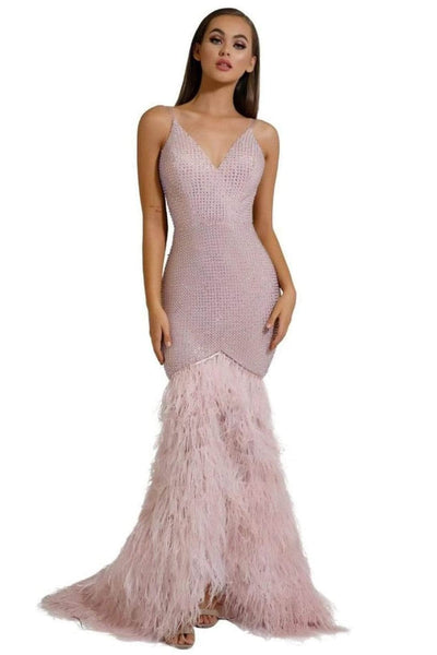 Portia and Scarlett PS6826 -long- V-Neck Feathered Dress - Ivory / Dress