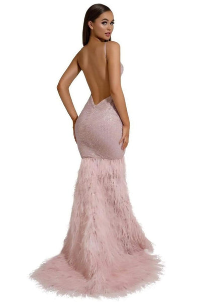 Portia and Scarlett PS6826 -long- V-Neck Feathered Dress - Pink / 12 - Dress