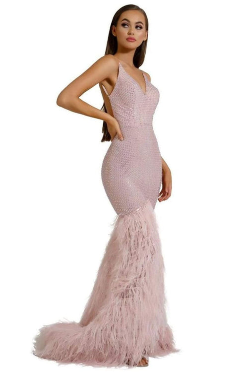 Portia and Scarlett PS6826 -long- V-Neck Feathered Dress - Pink / 14 - Dress