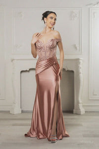 Vestido largo formal con hombros descubiertos y abertura alta, talla grande, de May Queen MQ2157B
