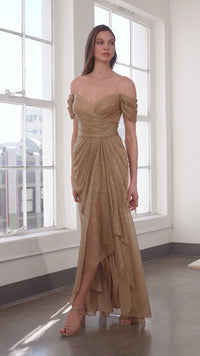 Amoris T604 Off Shoulder Gold Glitter Evening Gown