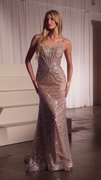 Vestido de noche largo Ladivine en plata y nude, vestido de fiesta CM371 - Nueva colección