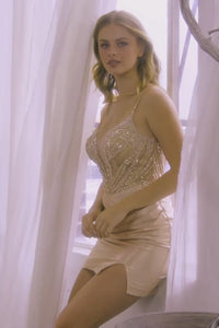 Beaded Mini Dress with Ruched Skirt & Lace-Up Back By Amelia Couture 9061S
