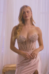 Strapless Crystal Embellished Corset Gown with Satin High Slit Skirt By Amelia Couture 5074