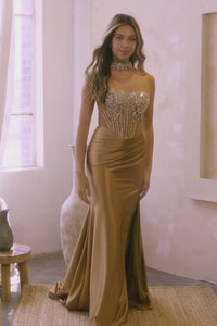 Strapless Beaded Corset Satin Gown with High Slit & Lace-Up Back By Amelia Couture 2131