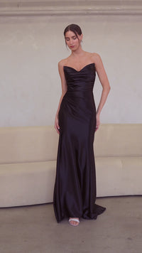 Satin Fitted Strapless Smoky Blue Gown by Amoris T704