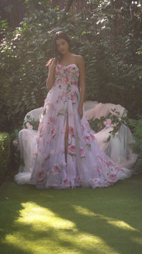 Andrea & Leo Ball Gown Floral Print A-Line Evening Prom Dress A1035