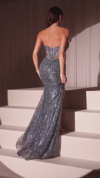 Ladivine CD0227 Strapless Side Cut-Out Beaded Embellished Prom Gown