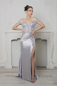 Vestido largo formal con hombros descubiertos y abertura alta, talla grande, de May Queen MQ2157B