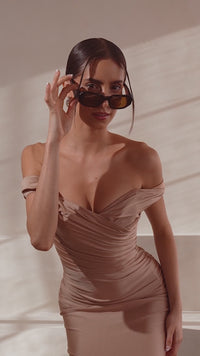 Jersey Fitted Off Shoulder Gown in Emerald by Amoris T402