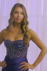 Strapless Satin Beaded Corset Prom Dress with High Slit By Amelia Couture 4049