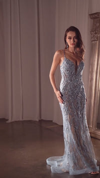 Vestido de fiesta con cuentas Ladivine CD795: vestido de noche de corte sirena con corsé transparente