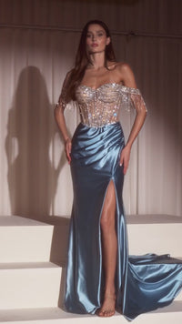 Ladivine Prom Dress Beaded Fringe Slit Long Formal Evening Gown CD821