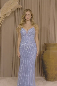 Embellished Illusion V-Neck Mermaid Gown with Beaded Tulle Overlay By Amelia Couture 2132