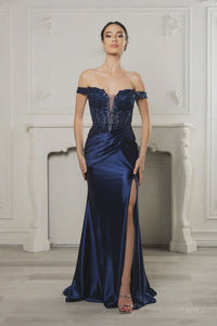 Vestido largo formal con hombros descubiertos y abertura alta, talla grande, de May Queen MQ2157B