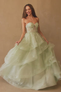 Strapless Embellished Bodice Tiered Tulle A-Line Gown By Amelia Couture 4900