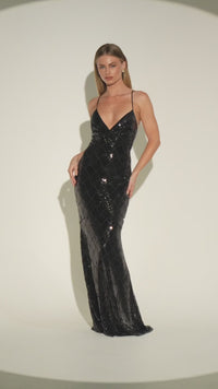Ladivine Amoris T1001 Black Sequin V-Neck Fitted Gown – XS