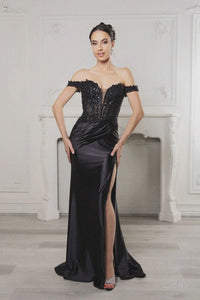 Vestido largo formal con hombros descubiertos y abertura alta, talla grande, de May Queen MQ2157B