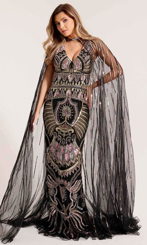 Primavera Couture Black Multi Formal Gowns