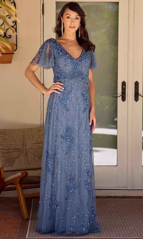 Primavera Couture 13144 - Flutter Sleeve Floral Beaded Evening Dress Mother of the Bride Dresses 4 / Slate Blue