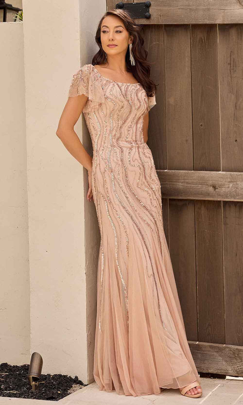 Primavera Couture 13155 - Square Neck Godet Detailed Evening Dress Mother of the Bride Dresses 4 / Blush