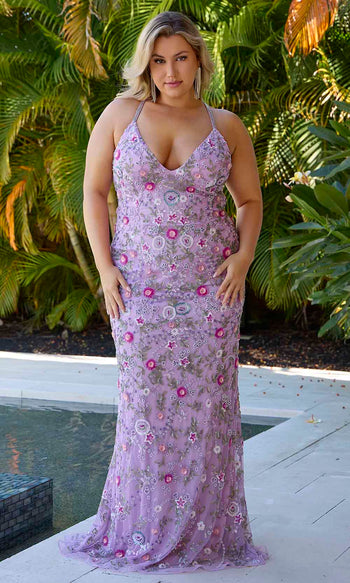 Primavera Couture 14071 - V-Neck Floral Beaded Prom Gown Prom Dresses 14W / Lavender