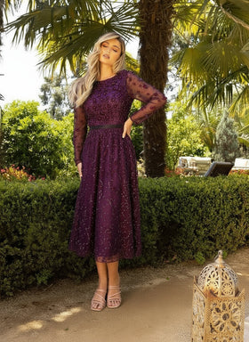 Primavera Couture 11072 Long Sleeve Tea Length Dress