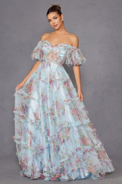 Print Off Shoulder Ruffled Gown by Juliet JT2887C - Long Formal Dresses