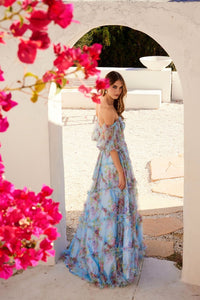 Print Off Shoulder Ruffled Gown by Juliet JT2887C - Long Formal Dresses