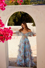 Print Off Shoulder Ruffled Gown by Juliet JT2887C - Long Formal Dresses