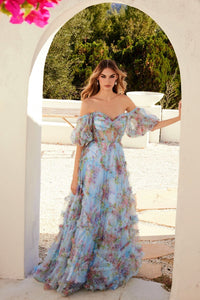 Print Off Shoulder Ruffled Gown by Juliet JT2887C - Long Formal Dresses