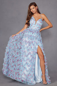 Print Sleeveless Ruffled Slit Gown by Juliet JT2572U - Long Formal Dresses
