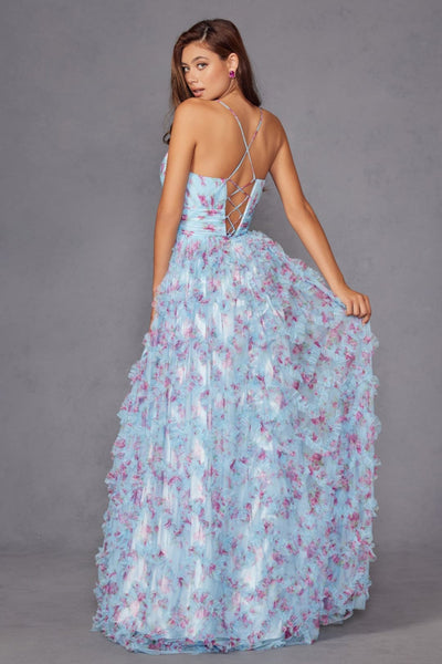 Print Sleeveless Ruffled Slit Gown by Juliet JT2572U - Long Formal Dresses