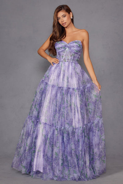 Print Strapless A-line Gown by Juliet JT2507A - Long Formal Dresses