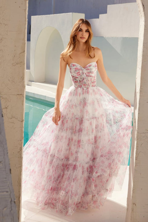 Print Strapless A-line Gown by Juliet JT2507A - White/Pink / 2 - Long Formal Dresses