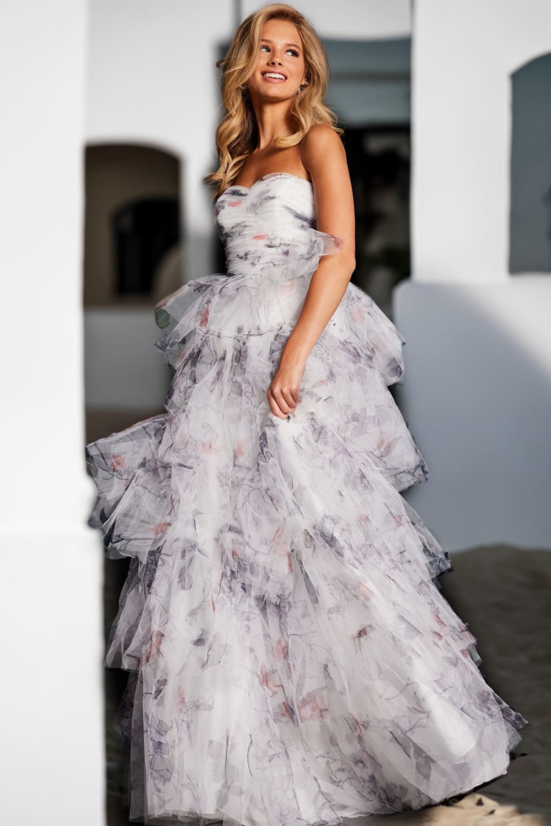 Print Strapless A-line Ruffled Gown by Jovani 38608 - Long Formal Dresses