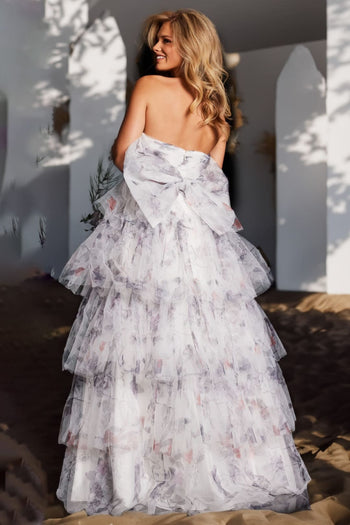 Print Strapless A-line Ruffled Gown by Jovani 38608 - Long Formal Dresses