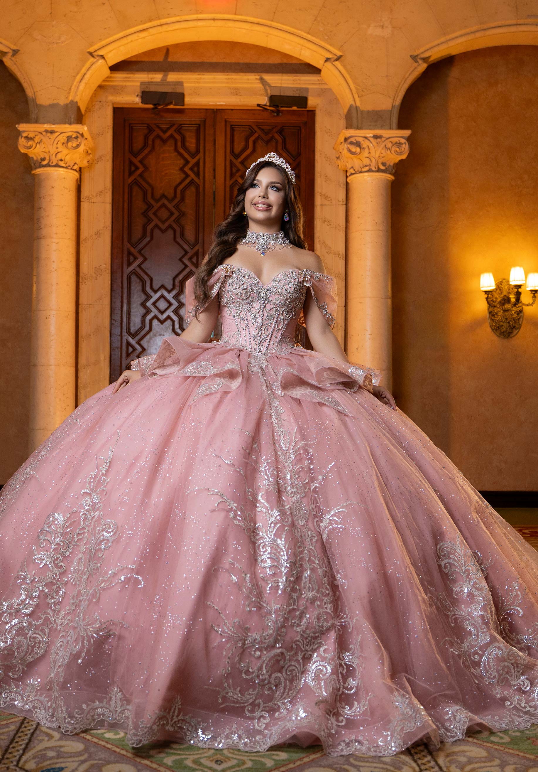 Vizcaya by Mori Lee 4080003 - Ruffled Peplum Sweetheart Tulle Ballgown In Pink and Silver