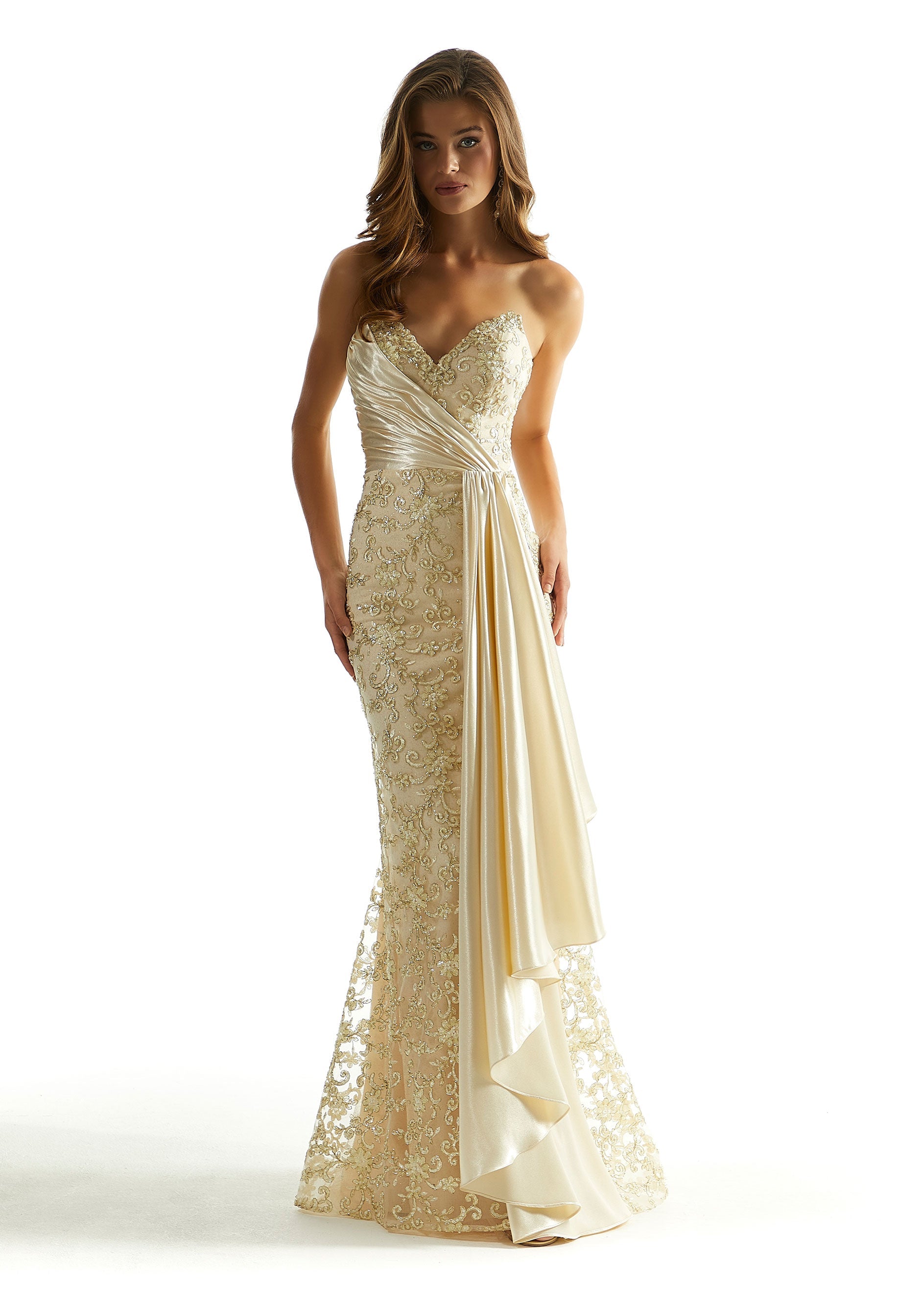 Prom Dresses Long Fitted Formal Beaded Lace Prom Dress Champagne